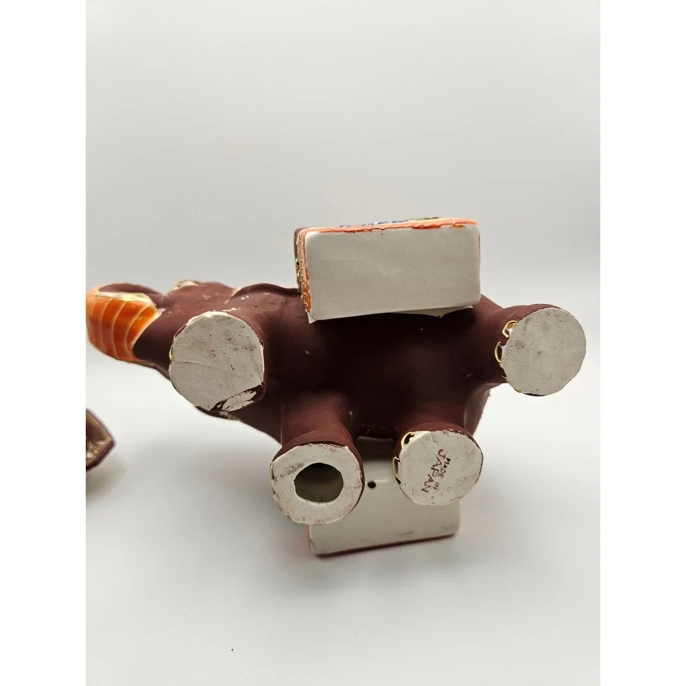 Vintage 1920s Japanese Satsuma Moriage Elephant Ashtray and Cigarette Holder Set